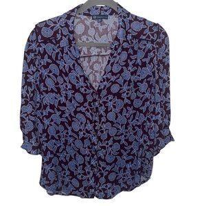 Democracy Floral Boho M Blue Brown Blouse Cottagecore Puff Sleeve Button Top